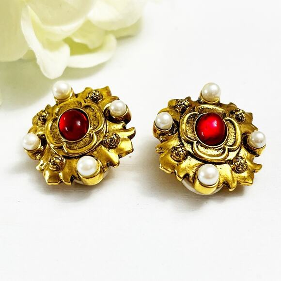 Vatican Library Collection Vintage Red Stone Pearl Gold Baroque Clip Earrings - Picture 1 of 5